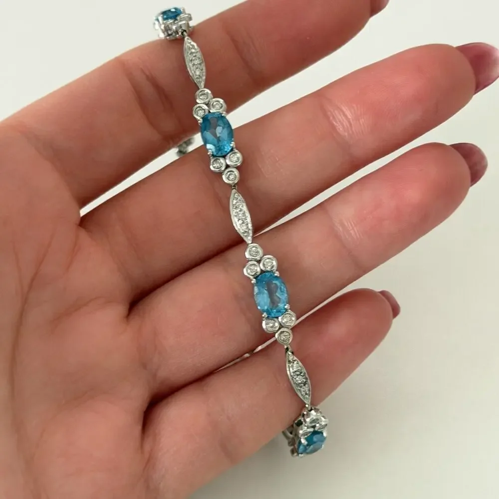 14K White Gold Blue Topaz & Diamond Bracelet